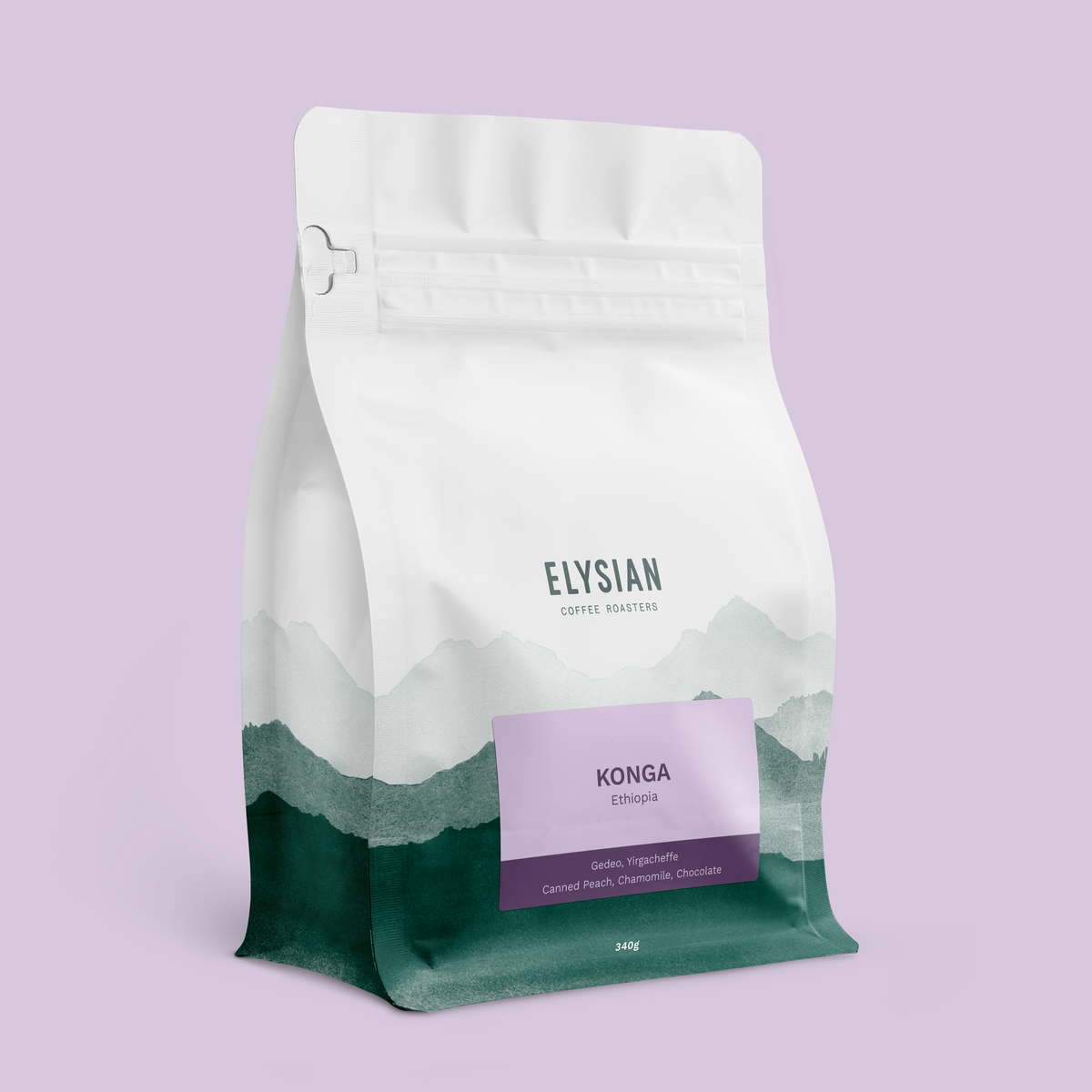 Konga filter coffee bag from Ethiopia, white with painted green mountains, on a lilac background