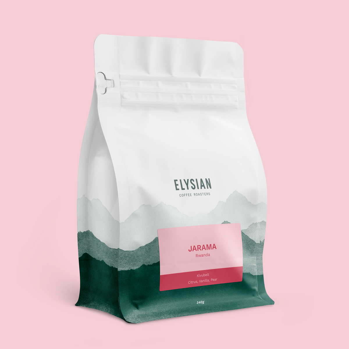 Jarama filter coffee bag from Rwanda, white with painted green mountains, on a pink background