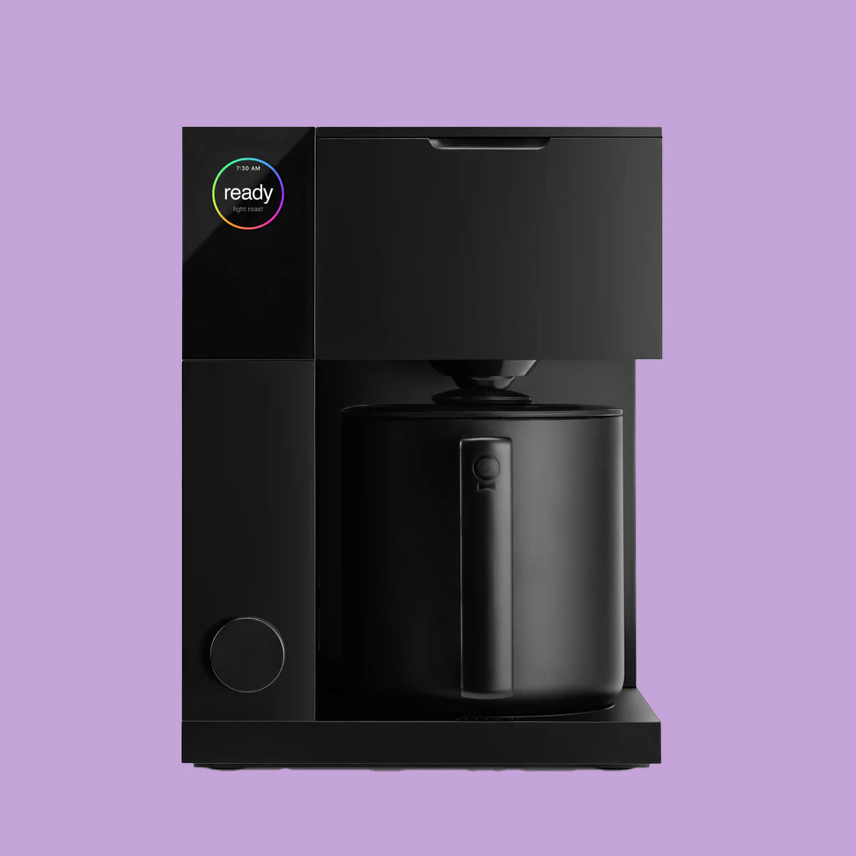 Fellow Aiden precision coffee maker in black, with its carafe and ready screen