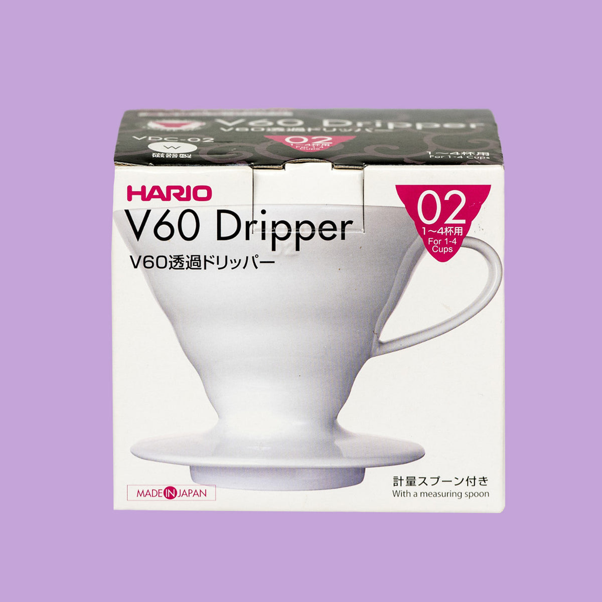 Hario V60 ceramic pour-over brewer, size 02, white, in its retail box